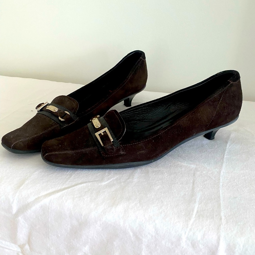 Prads kitten heel loakers dark brown sued. Size 10